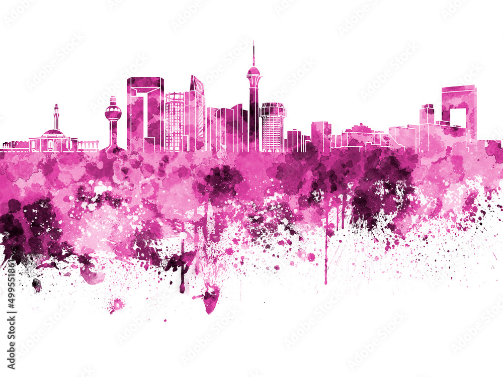 Jeddah skyline in pink watercolor on white background