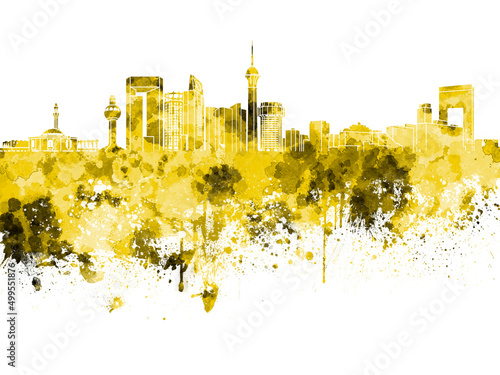 Jeddah skyline in yellow watercolor on white background
