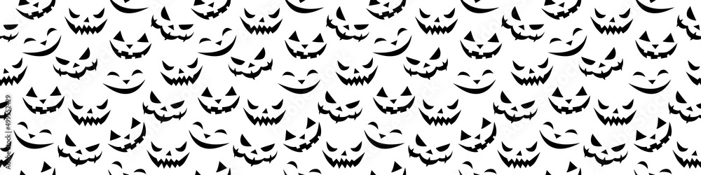 Seamless pattern of smiling faces ghosts in flat style. Vector Halloween's texture or background for party, poster, invitation, any design. Danger animal. Black and white, isolated. Seamless pattern of smiling faces ghosts in flat style. Vector Halloween's texture or background for party, poster, invitation, any design. Danger animal. Black and white, isolated.