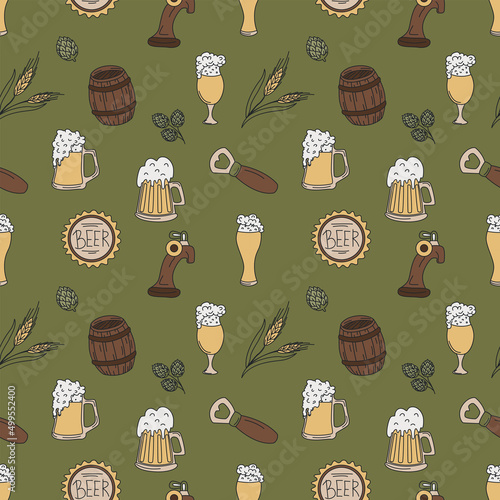 Seamless pattern with beer mugs and spikelets. Color hand-drawn flat vector illustration.