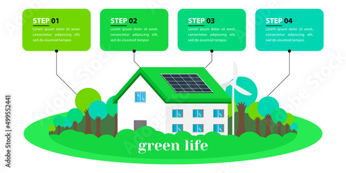 Infographic template with 3 steps. Green House. Vector