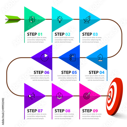 Infographic template with icons and 9 options or steps. Goal