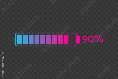 90 percent chart. Vector percentage infographics on transparent background. Isolated gradient icon. Sign for download, battery charge, growth, progress, business, design