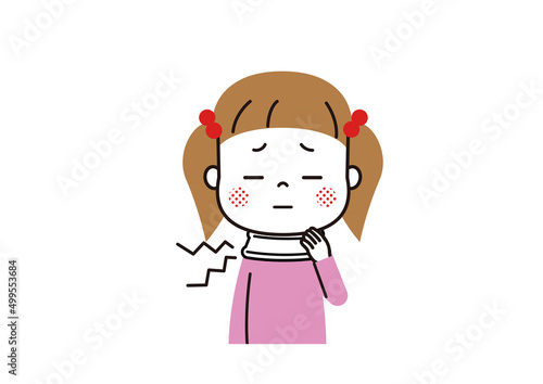 むち打ち症　首にコルセットをうぃて痛そうな表情の女の子