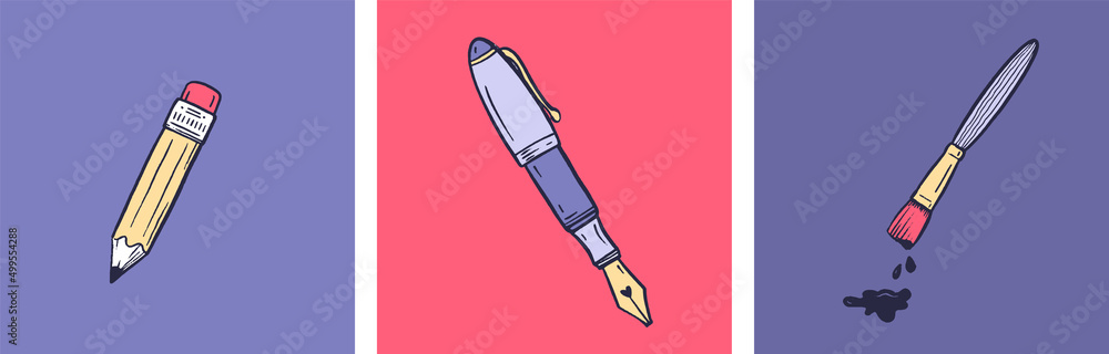 Pencil, pen, brush on red, violet background. Horizontal vector illustration banner. Pencil, pen, brush on red, violet background. Horizontal vector illustration banner.