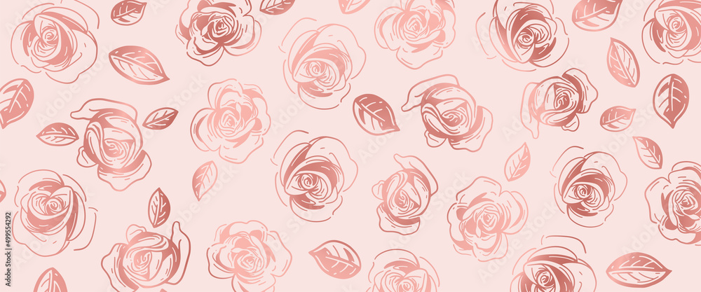 Horizontal banner, roses rosegold background. Vector illustration. Panoramic view. Horizontal banner, roses rosegold background. Vector illustration. Panoramic view.