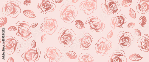 Horizontal banner, roses rosegold background. Vector illustration. Panoramic view.