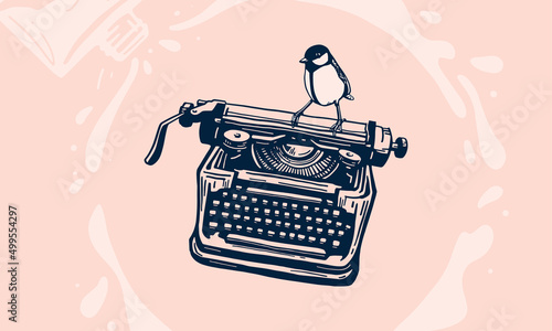 Typewriter, bird, vector illustration. Hand drawn vintage typewriter.