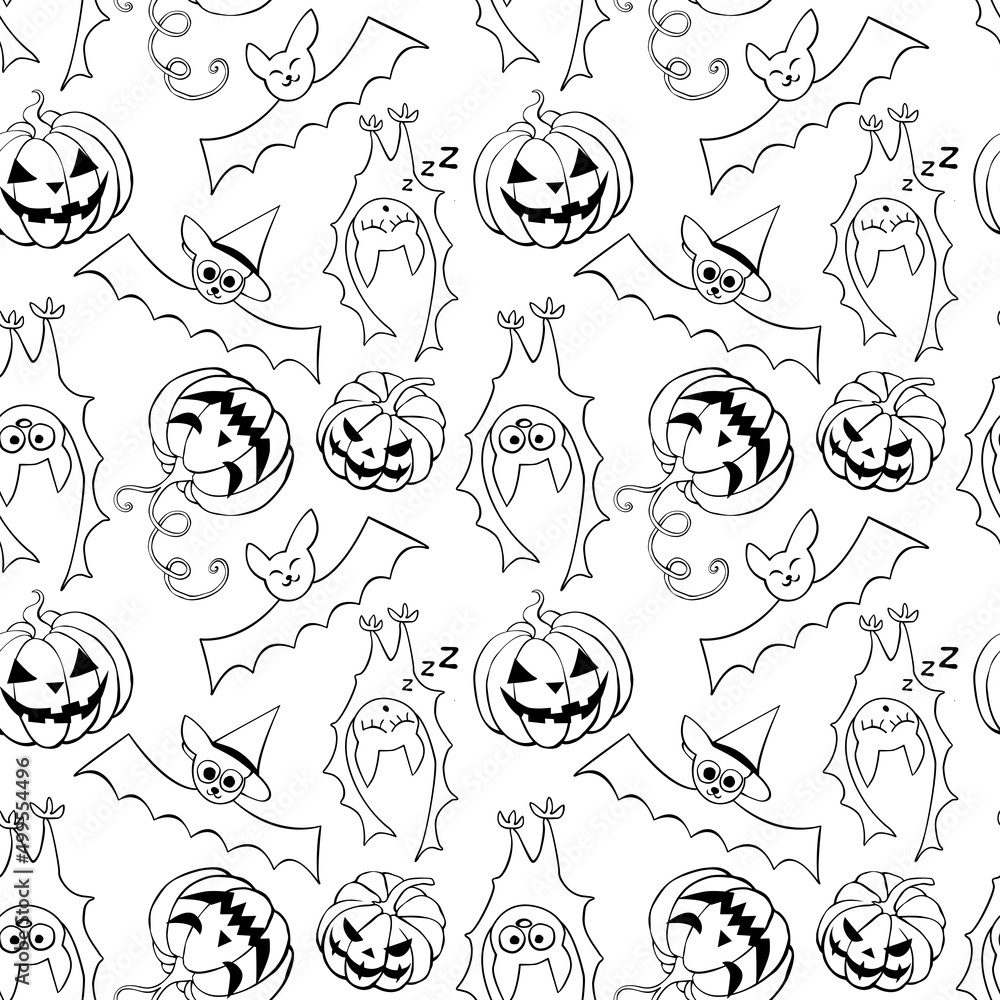 Naklejka premium Vector seamless pattern with outline pumpkins, Jack o lantern, witch shifters and cute bats. Halloween texture in doodle style