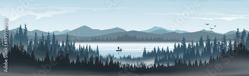 Mountain landscape and pine forests in the fog.