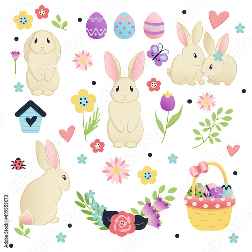 Easter set, flowers, bunnies and Easter eggs. photo