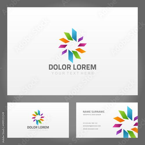 Collection bright multicolored geometric figure leaves circle shape namecard place for text vector illustration. Set colorful abstract rounded diagonal rectangle business card branding identification