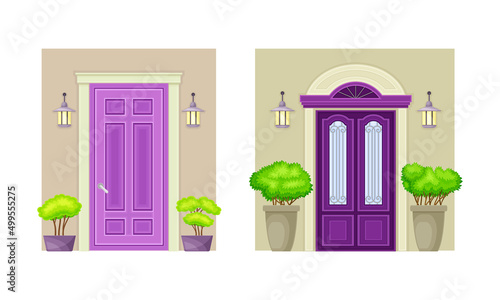 Set of house entrance. Porches with closed purple doors and potted plants vector illustration