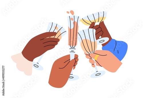 Hands with alcohol drinks. Cheers with champagne, wine, cocktail glasses. Friends toast at party, gathering, celebrating holiday event. Flat graphic vector illustration isolated on white background