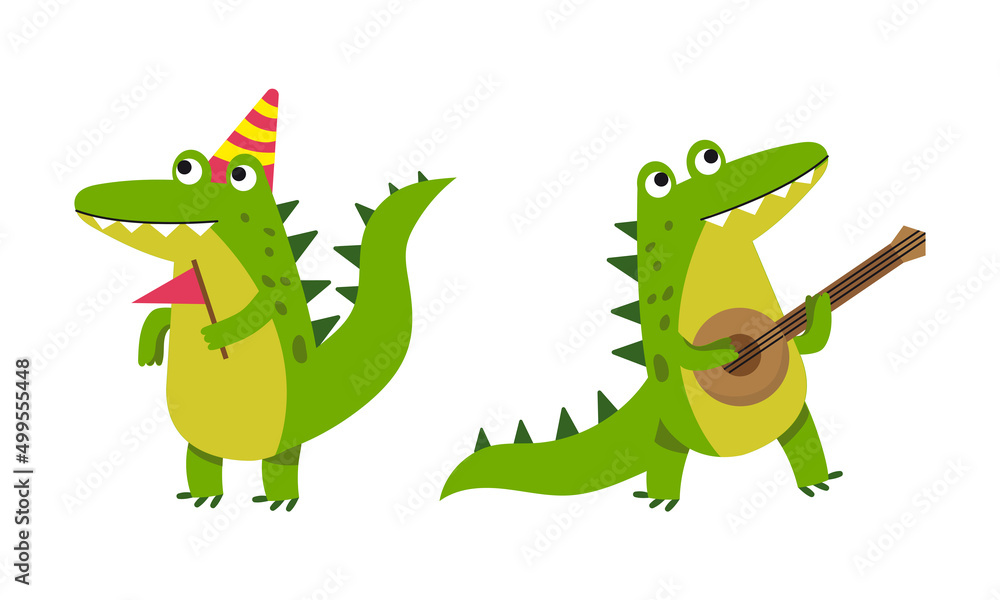 Funny friendly crocodile in everyday activities set. Cute green croc character playing domra musical instrument and celebrating birthday cartoon vector illustration Funny friendly crocodile in everyday activities set. Cute green croc character playing domra musical instrument and celebrating birthday cartoon vector illustration
