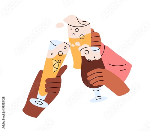 Friends hands with beer glasses cheering together, celebrating holiday with toasts. Group of human arms holding drinks with foam, bubbles. Flat graphic vector illustration isolated on white background