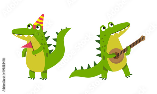 Funny friendly crocodile in everyday activities set. Cute green croc character playing domra musical instrument and celebrating birthday cartoon vector illustration