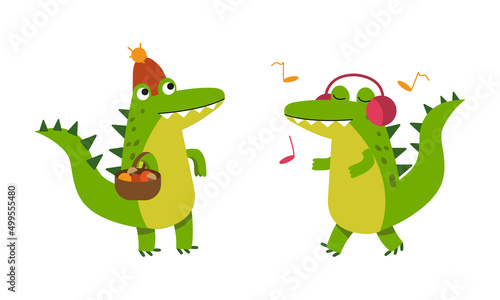 Funny friendly crocodile in everyday activities set. Cute green croc character picking mushrooms and listening music with headphones cartoon vector illustration
