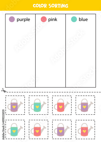 Sort watering cans by colors. Learning colors for children.