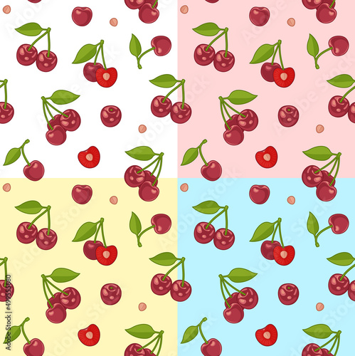 Seamless vector pattern with cherries, cherry halves and pits