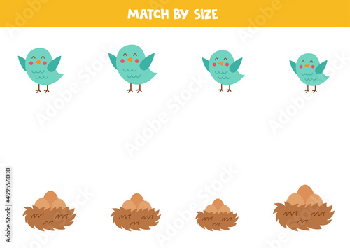 Matching game for preschool kids. Match birds and nests by size. © Milya Shaykh