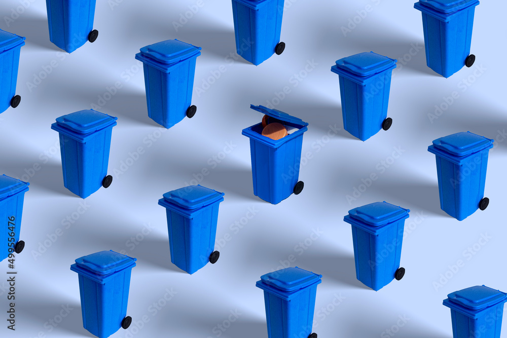 Trash cans pattern in pastel background. Plastic plugs in one garbage