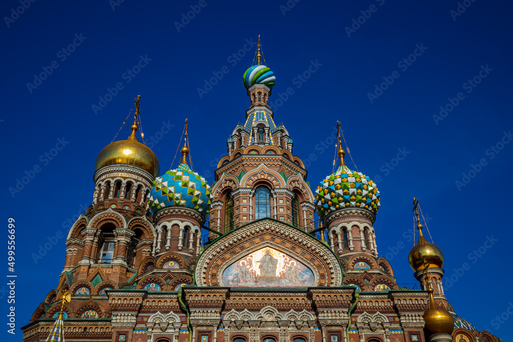 Detail of the richly decorated onion domes of the orthodox Church of the Savior on Spilled Blood (Cathedral of the Resurrection on Spilled Blood) in St.Petersburg, Russia