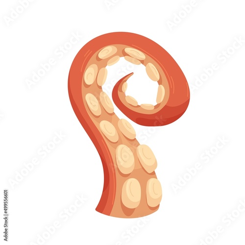 Octopus tentacle with suckers. Twisted sea monster arm. Underwater marine cuttlefish limb. Ocean animal. Flat graphic vector illustration of giant squids leg isolated on white background