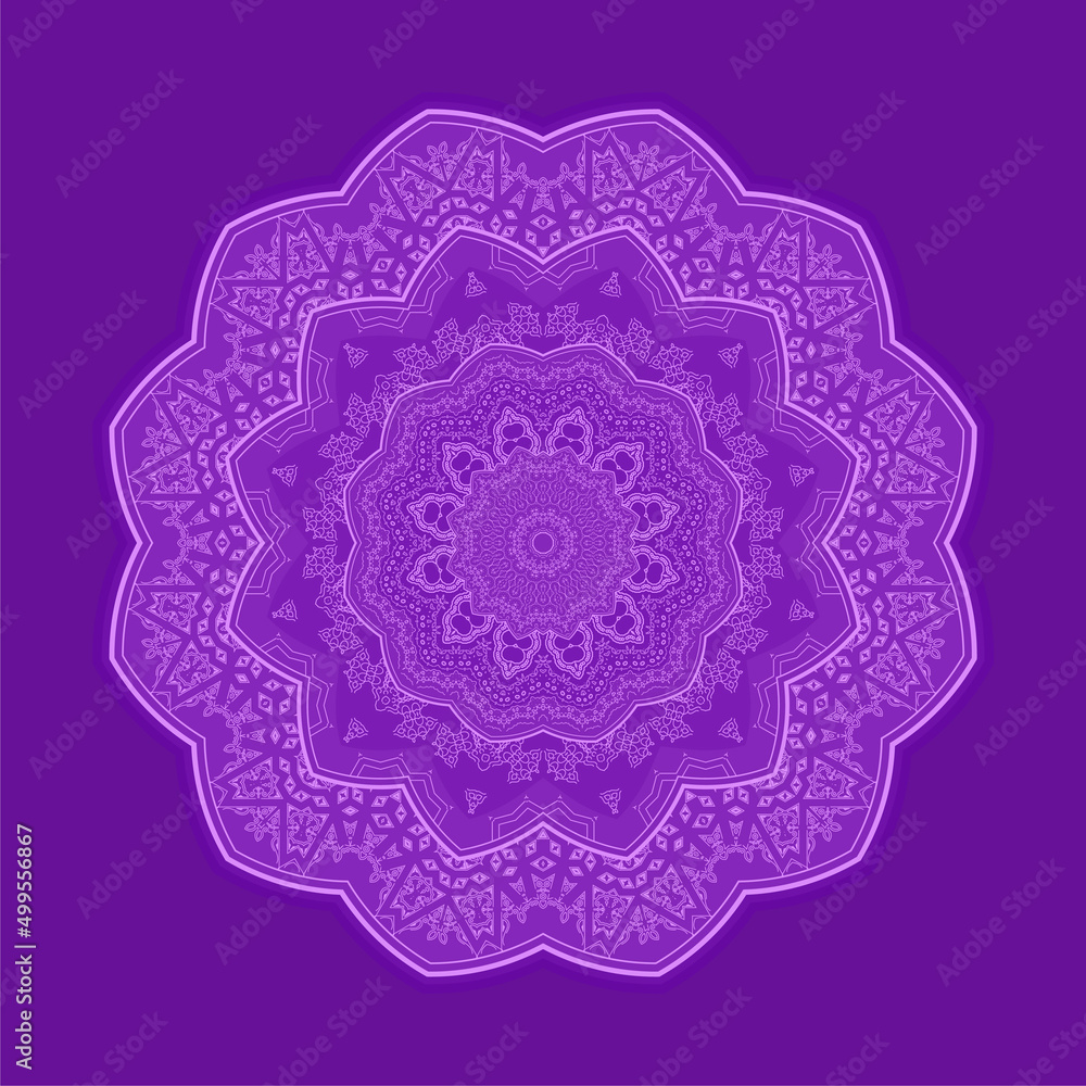 Round gradient mandala on purple background. Vector boho mandala in purple color. Abstract design of mandala in dot paint style ethnic round ornament. Vector illustration Islam, Arabic, Indian Round gradient mandala on purple background. Vector boho mandala in purple color. Abstract design of mandala in dot paint style ethnic round ornament. Vector illustration Islam, Arabic, Indian