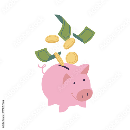 Vector illustration money piggy bank with gold coins and green paper dollars creative business concept.