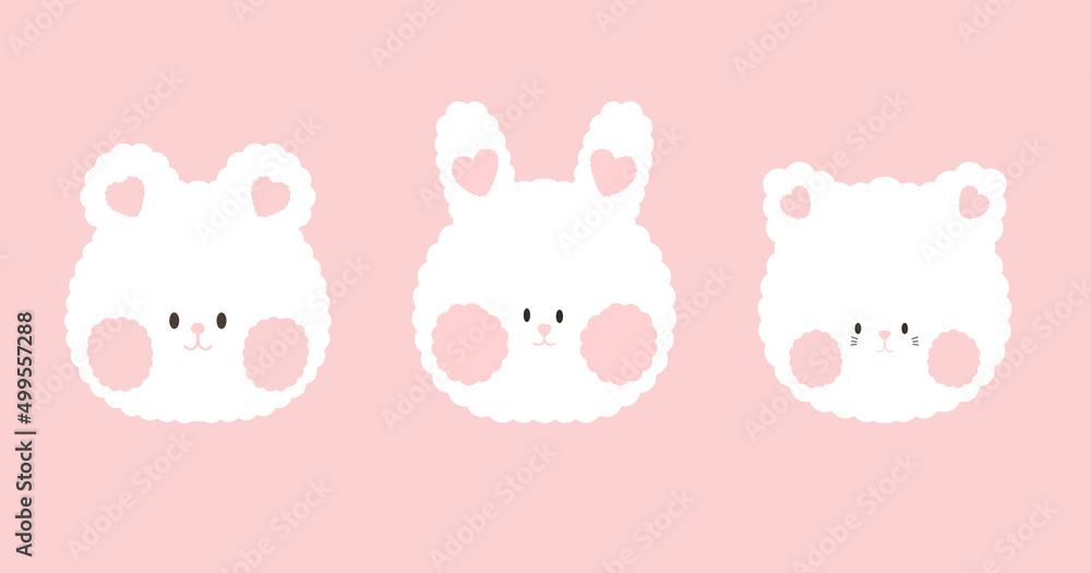 Cute animal faces without outline. Three pets - White and pastel pink bear, rabbit and cat with fluffy fur and heart shape ear isolated on pink. greeting card for kid. Pet day - Love pet concept.