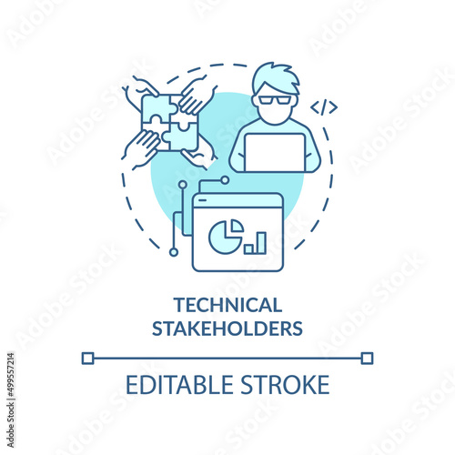 Technical stakeholders turquoise concept icon. IT specialist. Type of stakeholder abstract idea thin line illustration. Isolated outline drawing. Editable stroke. Arial, Myriad Pro-Bold fonts used