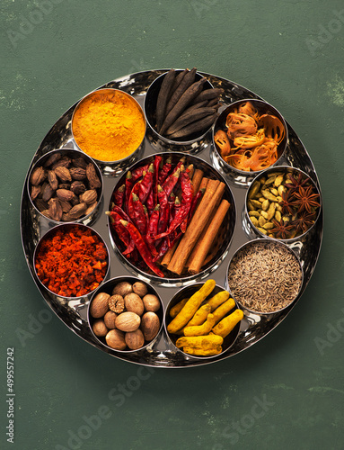 Indian spices, spicy and seasonings top view. Masala box photo