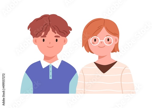 Kids couple, face portrait. Happy girl in glasses and boy, sister and brother...