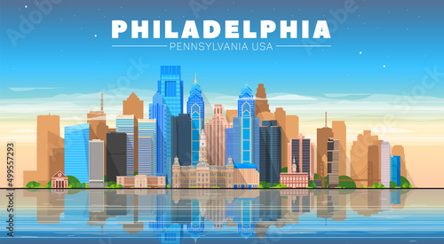 Philadelphia ( Pennsylvania USA ) skyline with panorama in evening sky background. Vector Illustration. Business travel and tourism concept with modern buildings. Image for banner or web site.