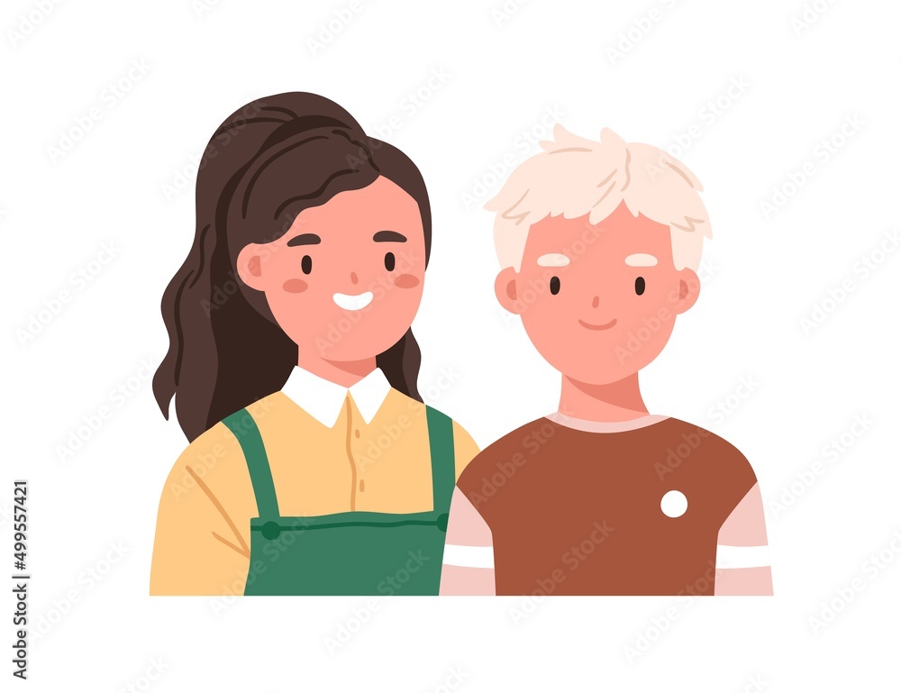Girl and boy friends, face portrait. Happy school kids couple. Cute primary children, young elementary students. Two sweet classmates. Flat vector illustration isolated on white background Girl and boy friends, face portrait. Happy school kids couple. Cute primary children, young elementary students. Two sweet classmates. Flat vector illustration isolated on white background
