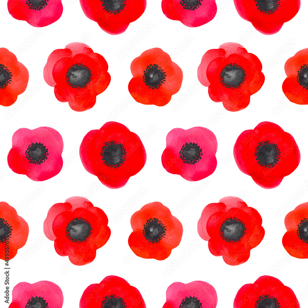 Red watercolor poppy seamless pattern. Vibrant hand-drawn flower heads isolated on a white background. Red watercolor poppy seamless pattern. Vibrant hand-drawn flower heads isolated on a white background.