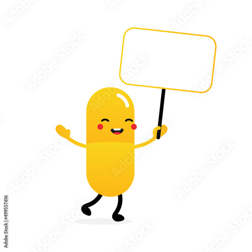 Cute smiling cartoon style pill, medication character holding card, banner in hand.
