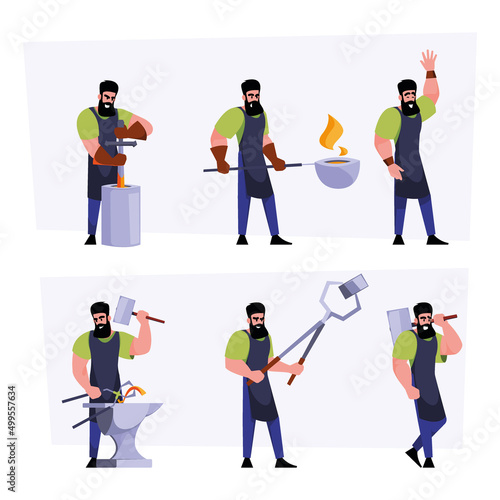 Blacksmith characters. Heavy industrial worker with steel hummer foundry workshop making sword and steel hardware garish vector blacksmith persons