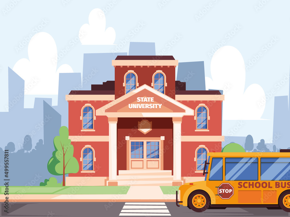 School background. Education municipal buildings school facades garish vector cartoon template