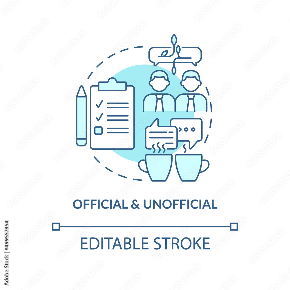 Official and unofficial turquoise concept icon. Project communication management abstract idea thin line illustration. Isolated outline drawing. Editable stroke. Arial, Myriad Pro-Bold fonts used