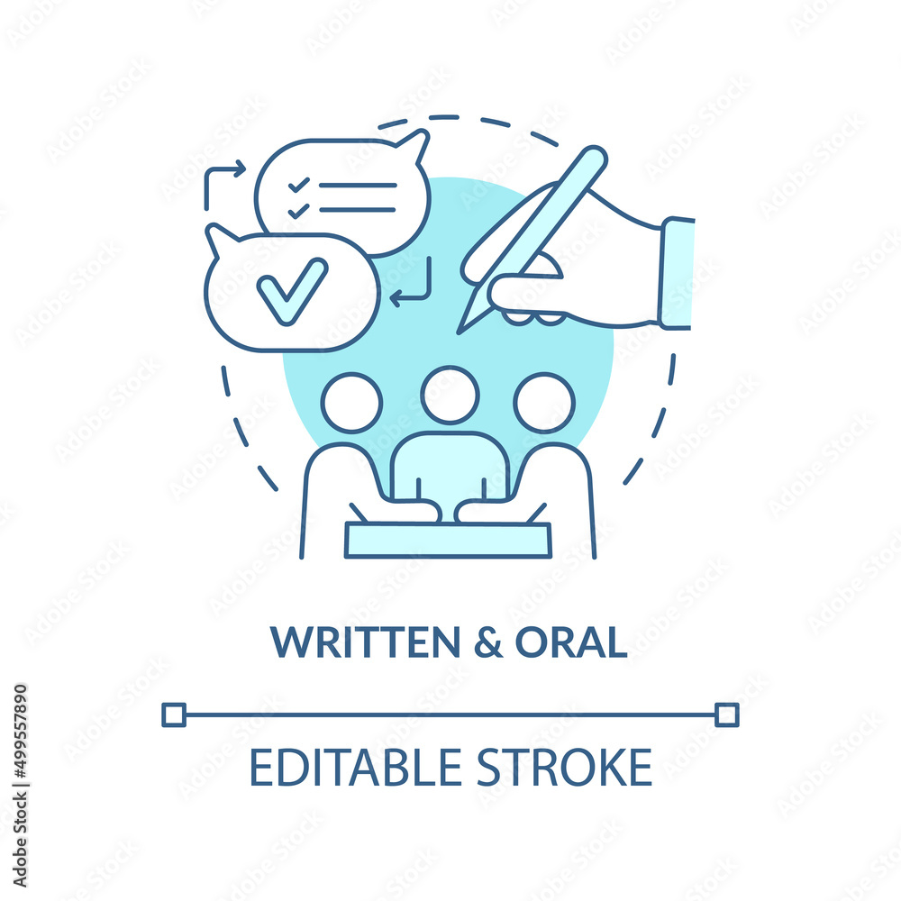Written and oral turquoise concept icon. Project communication management abstract idea thin line illustration. Isolated outline drawing. Editable stroke. Arial, Myriad Pro-Bold fonts used