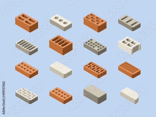 Bricks set. 3d materials for construction houses tools for buildings garish vector isometric bricks