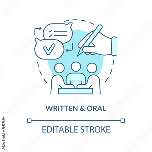 Written and oral turquoise concept icon. Project communication management abstract idea thin line illustration. Isolated outline drawing. Editable stroke. Arial, Myriad Pro-Bold fonts used