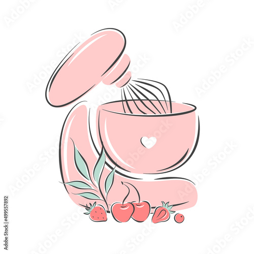 Cake shop logo. Planetary stationary dough mixer and different berries. Vector illustration on white background 