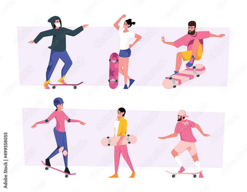 Skateboarding. Teenagers sport people riding on skates and rollers active persons in action poses on longboards garish vector flat illustrations