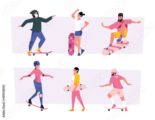 Skateboarding. Teenagers sport people riding on skates and rollers active persons in action poses on longboards garish vector flat illustrations