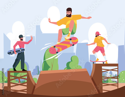 Skateboarders jumping. Action sport characters outdoor riders on skateboard playground garish vector cartoon background