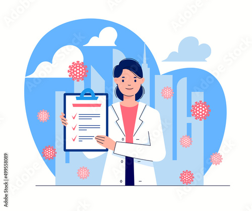 Smiling female doctor in lab coat with list of recommendations, instructions, tips in her hands on blue city background. Flat vector illustration.