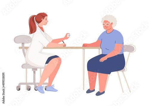 Elderly woman in doctor's office. Physician consults patient, writes out prescription for pills. Concept of geriatric care. Vector characters flat cartoon illustration.